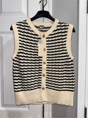 Magaschoni Cream and Black Striped Knit Button-Front Sweater Vest